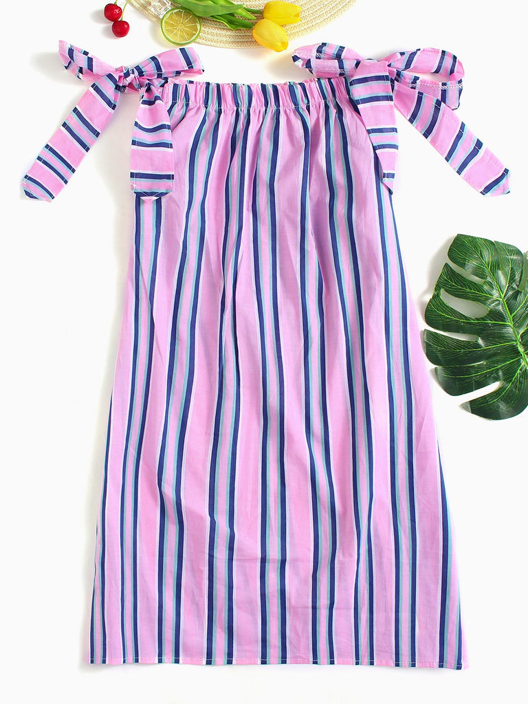 Pink Off The Shoulder Sleeveless Stripe Self-Tie Bowknot Dress
