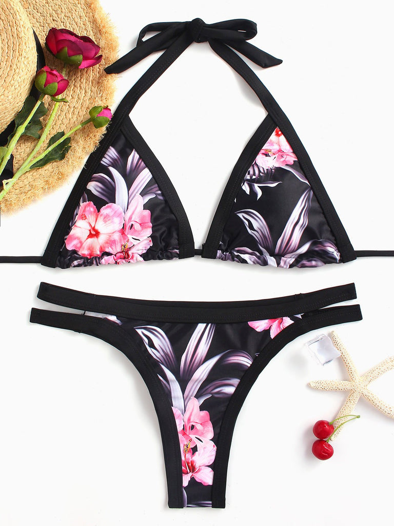 Black V-Neck Sleeveless Floral Print Lace-Up High-Waisted Bikinis