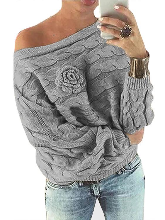 Light Grey Asymmetrical Off The Shoulder Long Sleeve Sweaters