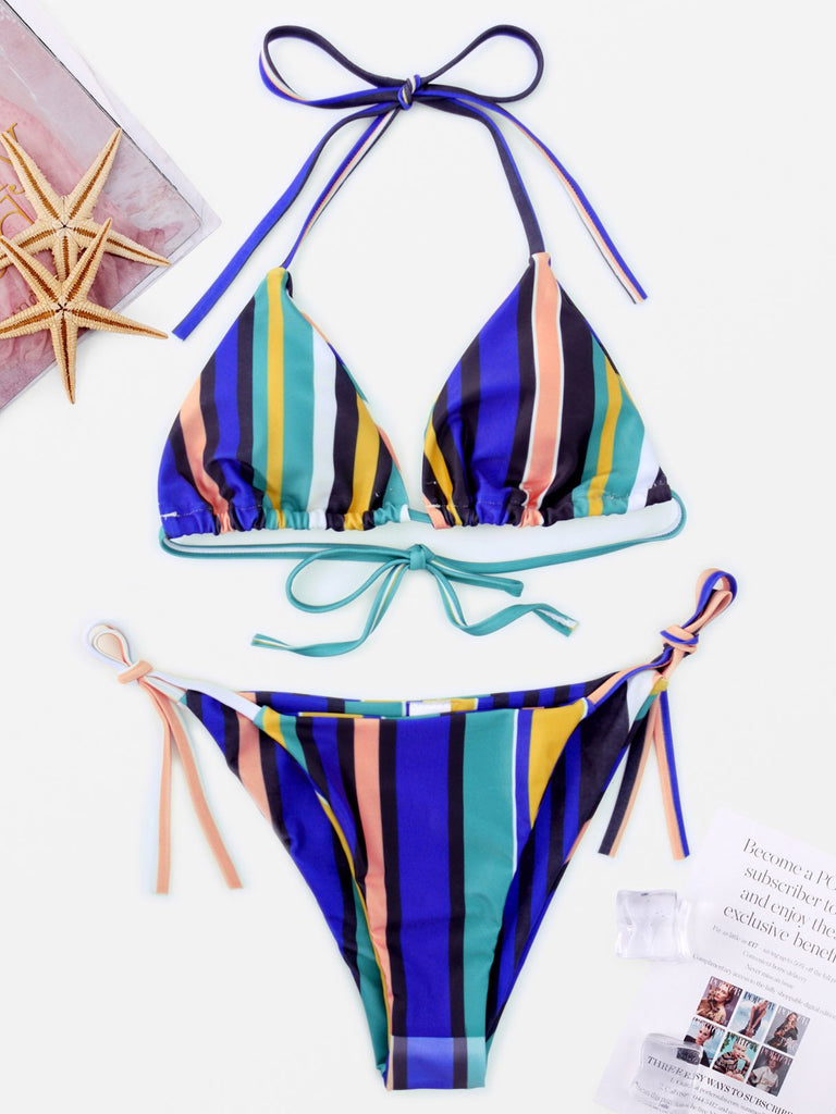 V-Neck Sleeveless Stripe Tie-Up Two Piece Bikinis