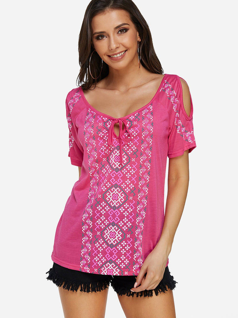 Cold Shoulder Geometrical Short Sleeve T-Shirts