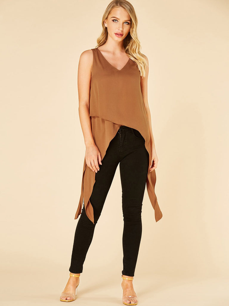 V-Neck Plain Sleeveless Irregular Hem Coffee Tank Top