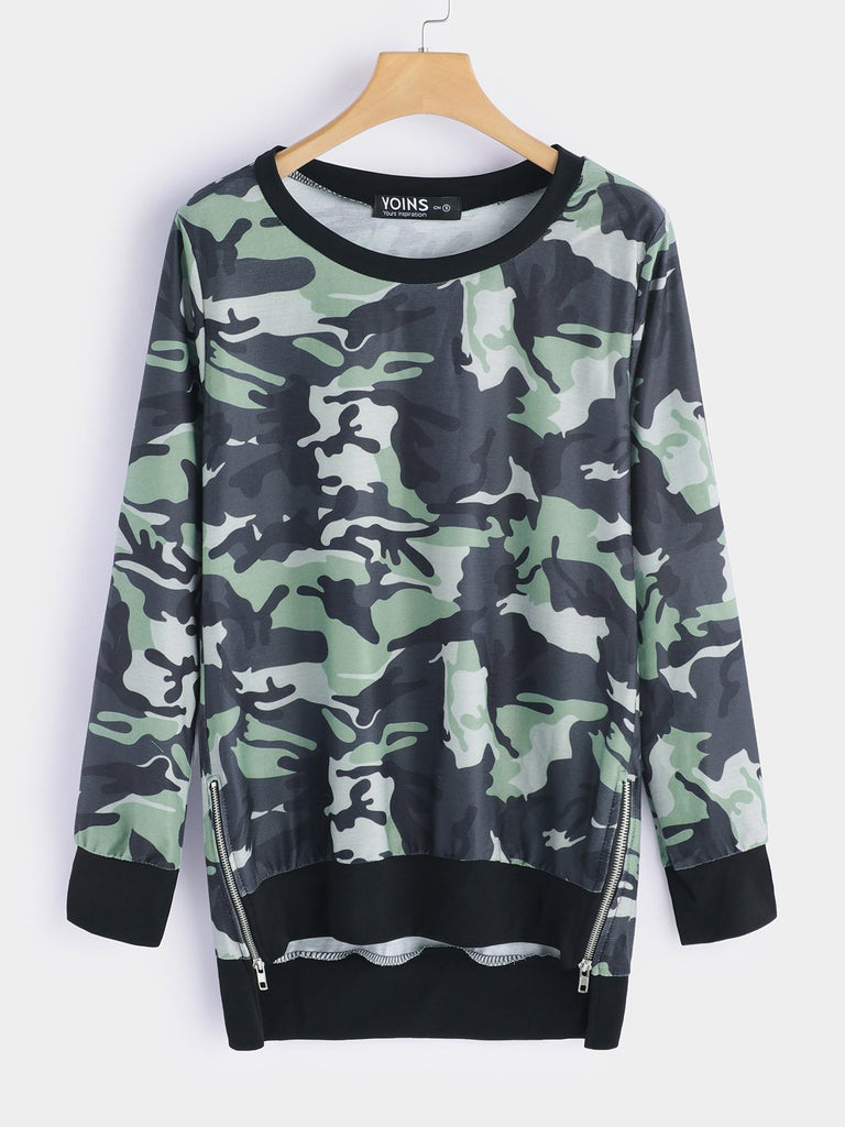 Round Neck Camouflage Long Sleeve Camouflage Top