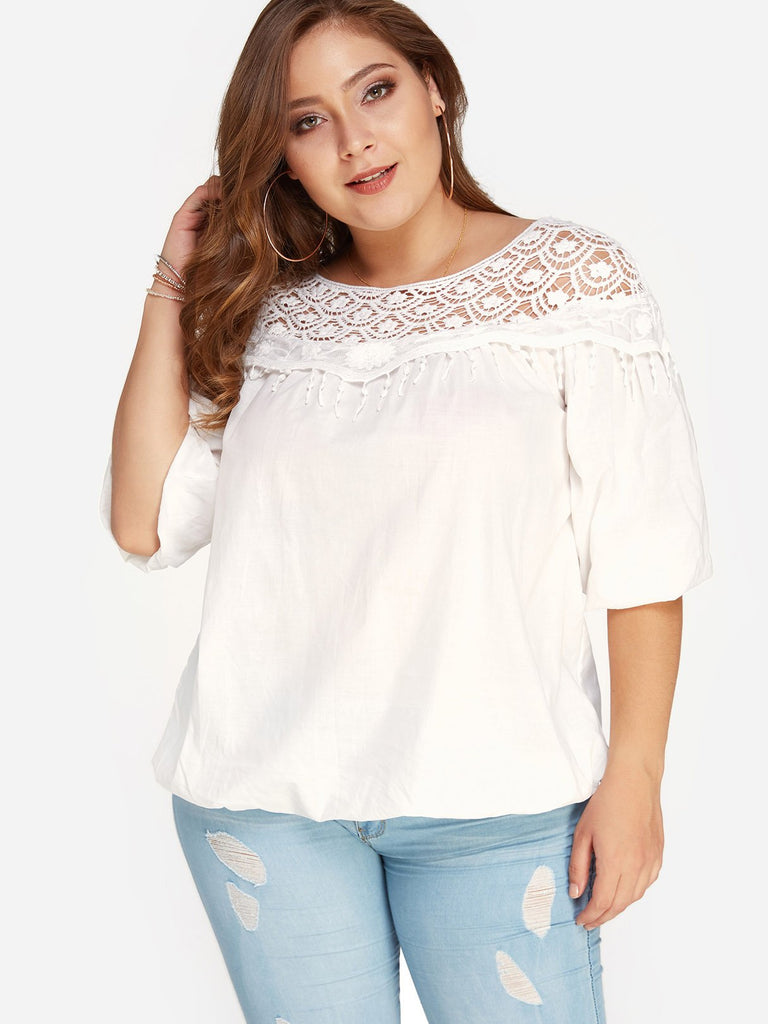 Round Neck Plain Crochet Lace Embellished Hollow Half Sleeve Plus Size Tops