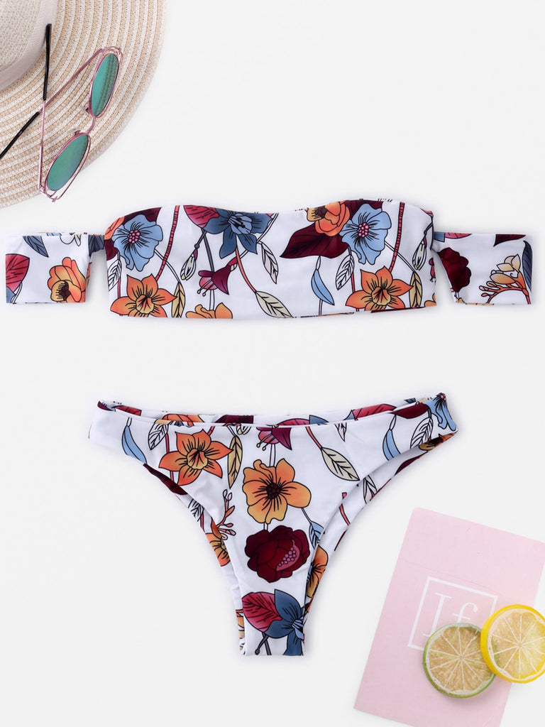 Strapless Short Sleeve Floral Print Bodycon Bikini Suits