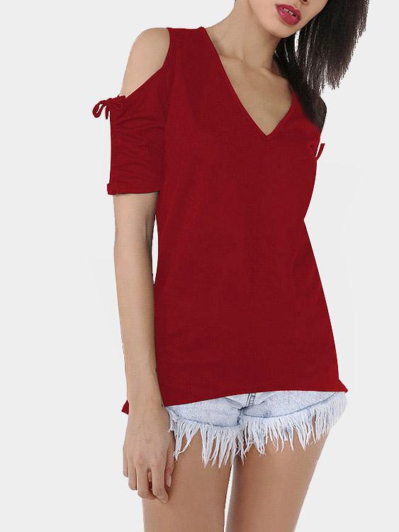 V-Neck Cold Shoulder Short Sleeve Burgundy T-Shirts
