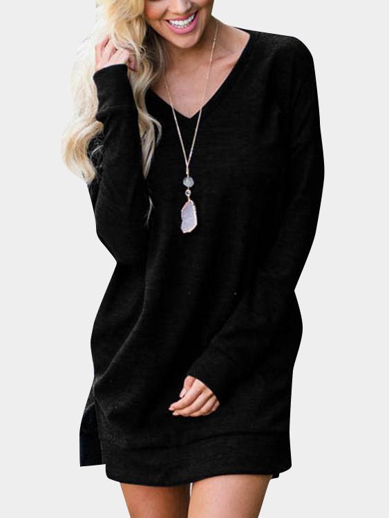 Black Deep V Neck Long Sleeve Plain Slit Hem Casual Dresses