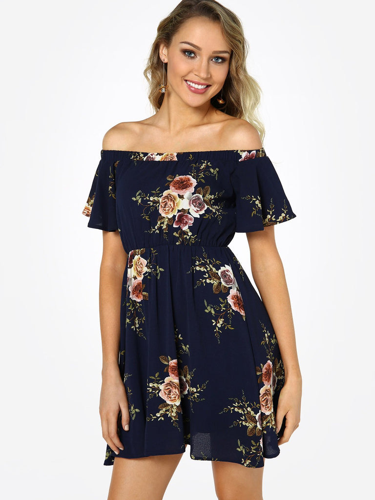 Navy Off The Shoulder Short Sleeve Floral Print Flounced Hem Dresses