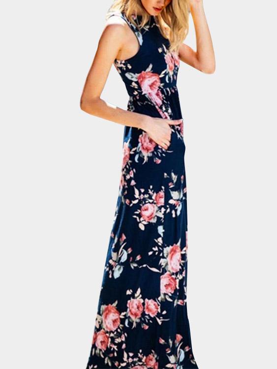 Navy Round Neck Sleeveless Floral Print Maxi Dress