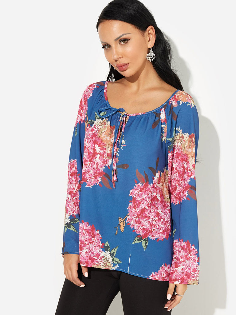 V-Neck Floral Print Self-Tie Long Sleeve Blue Blouses