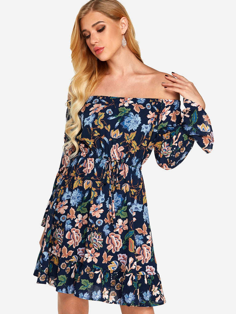 Off The Shoulder Long Sleeve Floral Print Flounced Hem High Waist Dresses