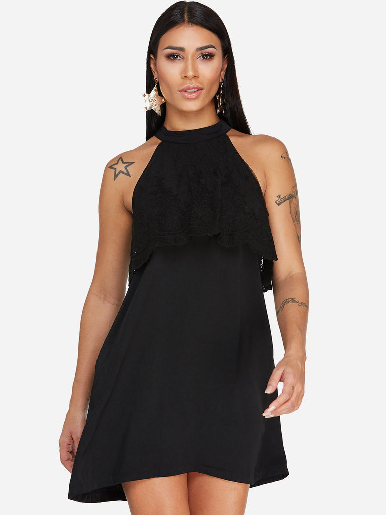 Black Halter Sleeveless Lace Tiered Sexy Dress