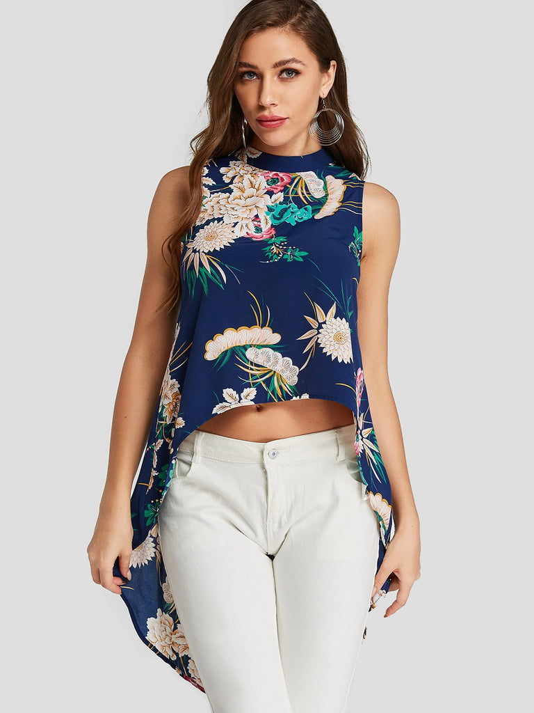 Floral Print Sleeveless Blue Blouses