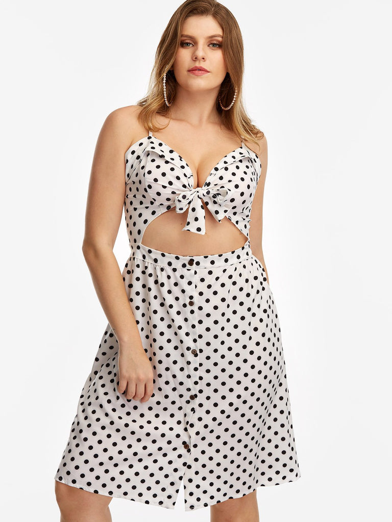 V-Neck Polka Dot Backless Cut Out Self-Tie Sleeveless Plus Size Dress