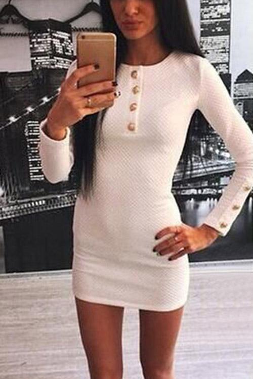 White Round Neck Long Sleeve Bodycon Mini Dress