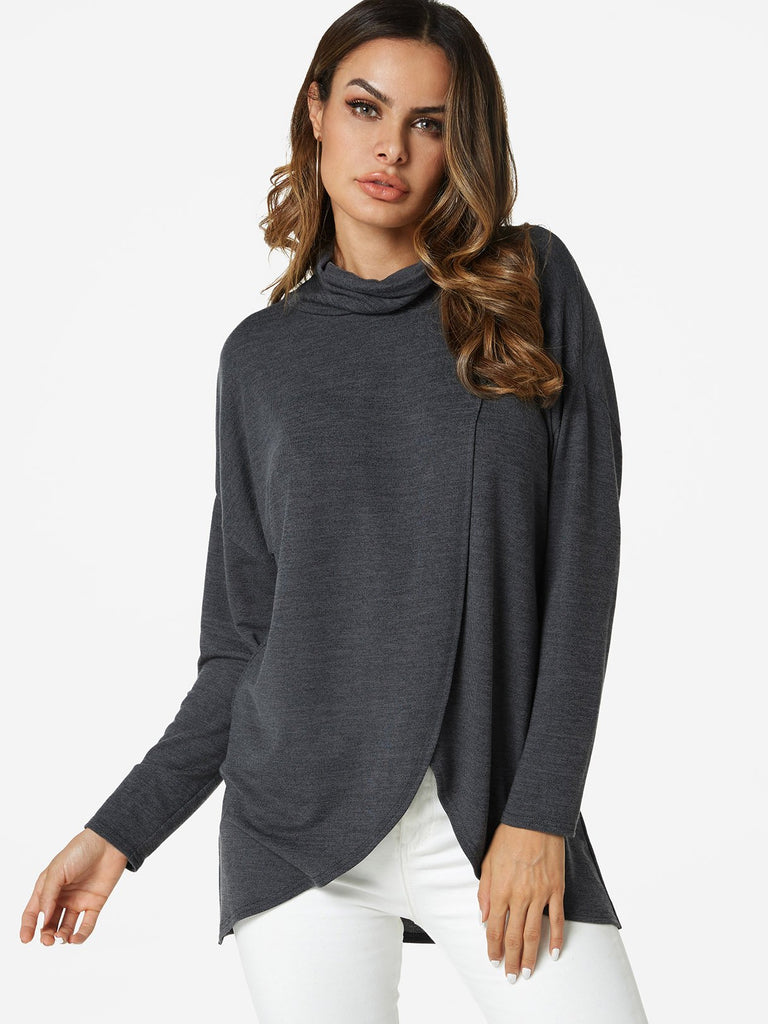 High Neck Plain Crossed Front Cut Out Long Sleeve Slit Hem Grey T-Shirts