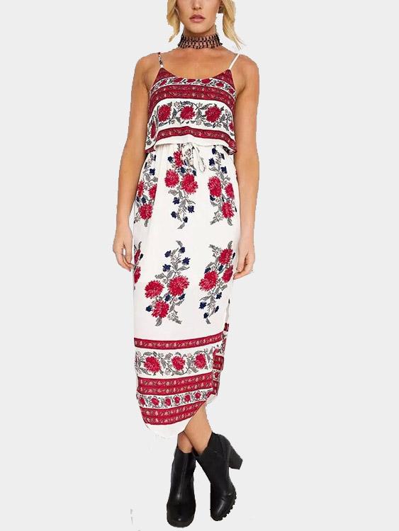 Floral Print Drawstring Waist Maxi Dress