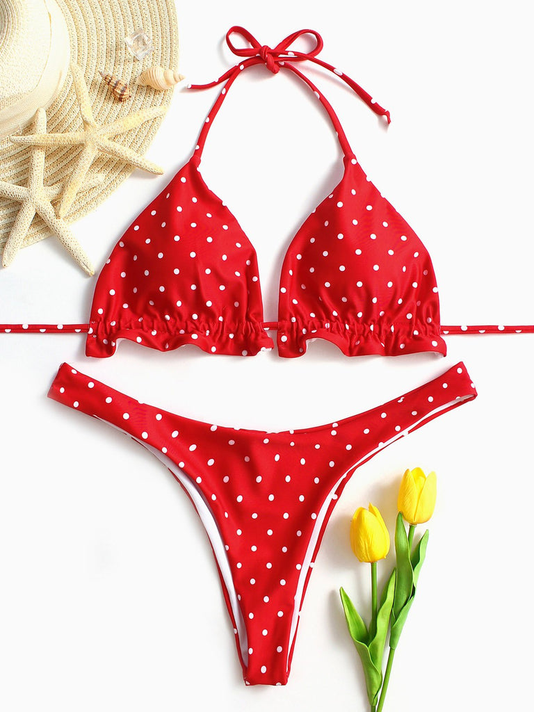 V-Neck Polka Dot Tie-Up Sleeveless Red 2 Piece Bikinis
