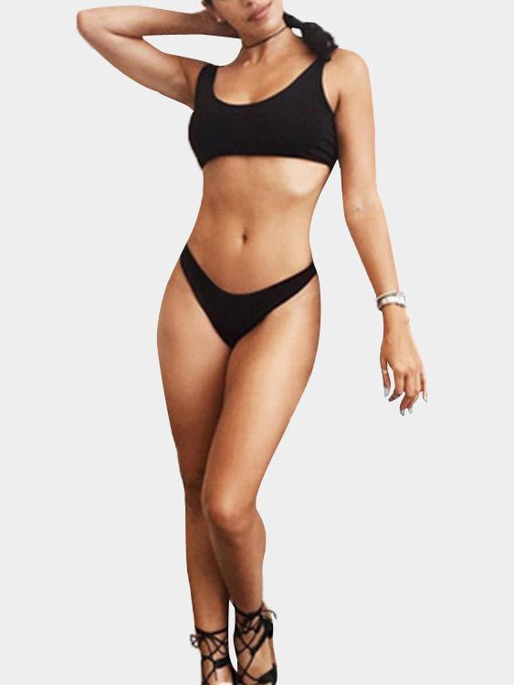 Black V-Neck Sleeveless Plain Two Piece Bikinis