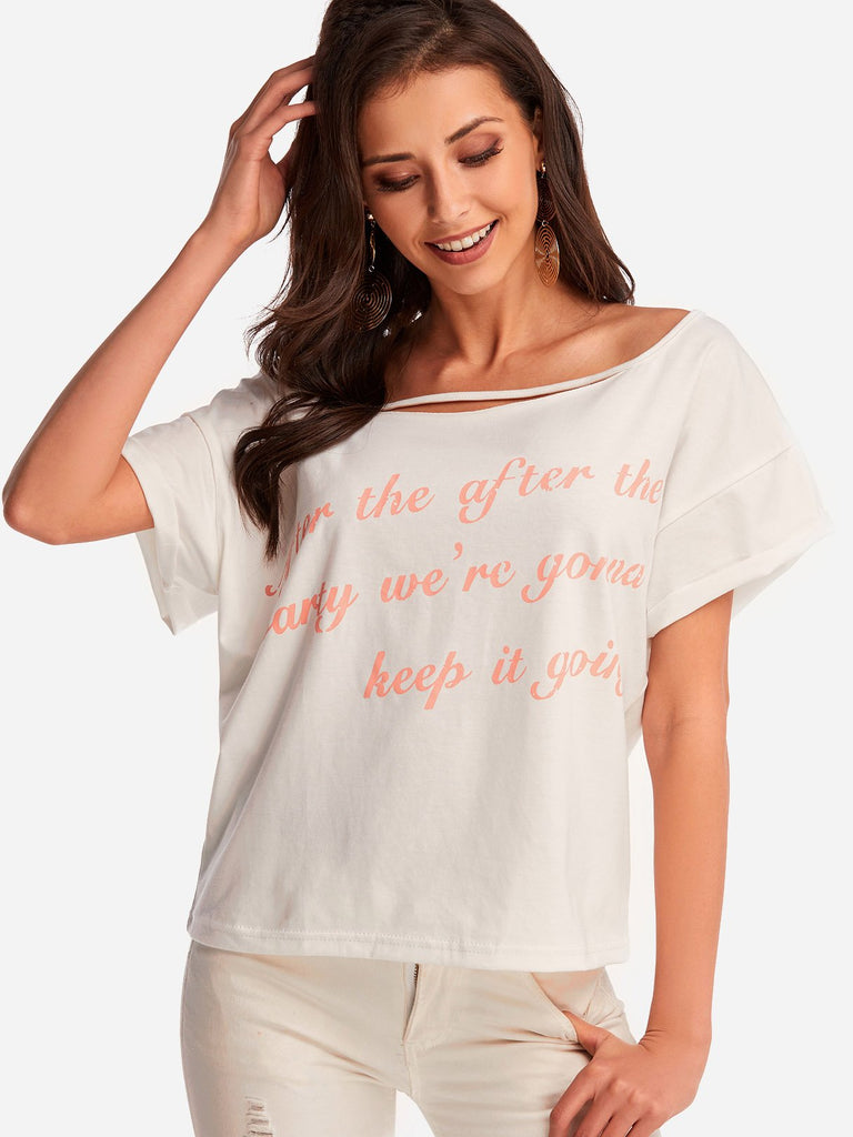 Scoop Neck Letter Short Sleeve White T-Shirts