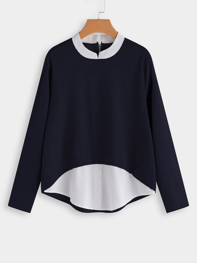 Plain Long Sleeve Curved Hem Navy Plus Size Tops