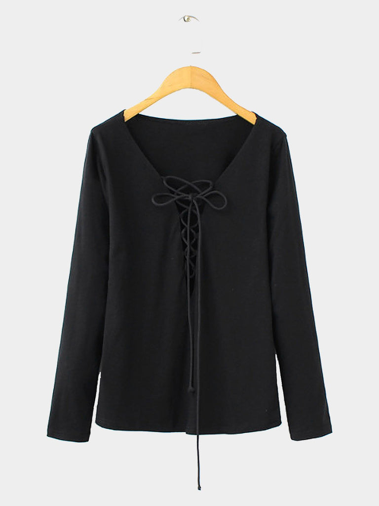 Long Sleeves Lace-Up Blouse