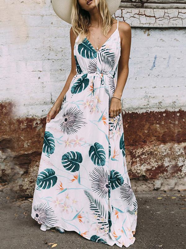 White V-Neck Sleeveless Floral Print Maxi Dress