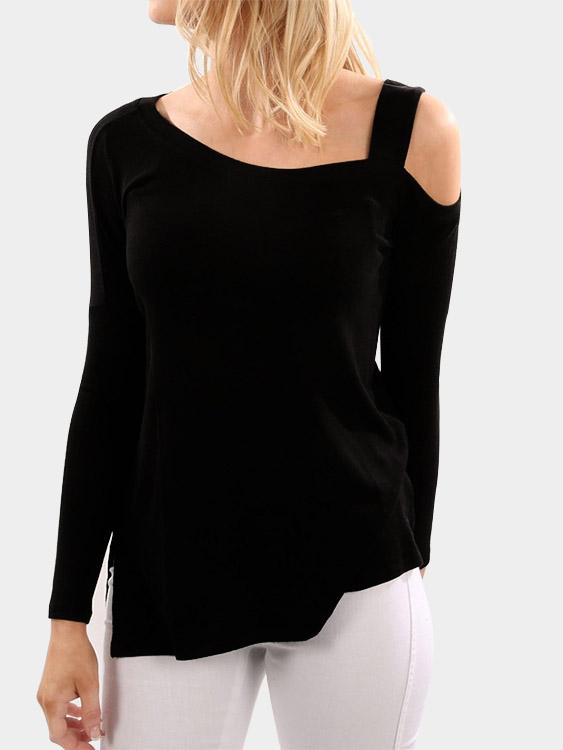 One Shoulder Long Sleeve Slit Hem Black T-Shirts