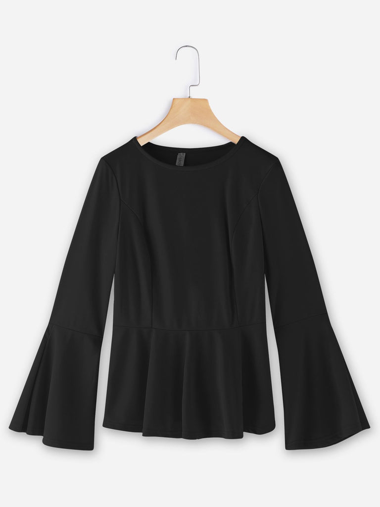 Crew Neck Plain Long Sleeve Flounced Hem Black T-Shirts