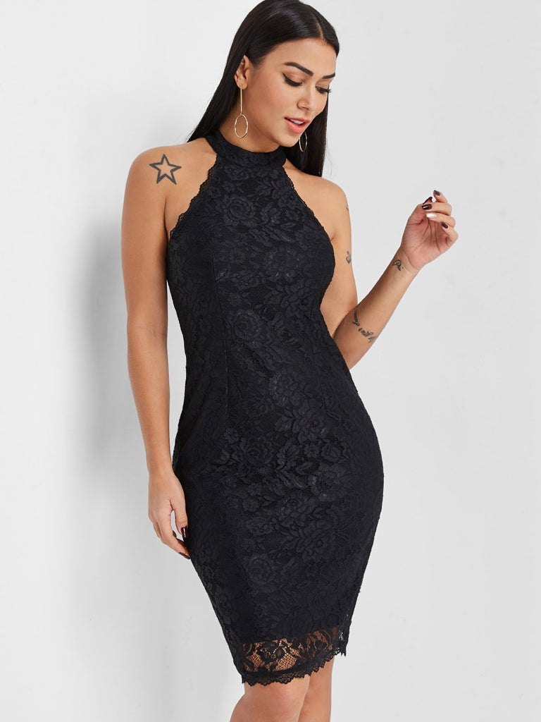 Halter Sleeveless Lace Zip Back Slit Dresses