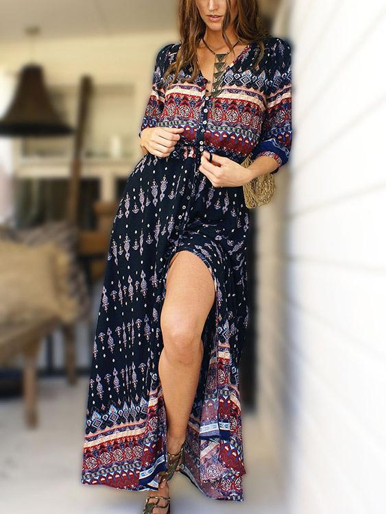 V-Neck Half Sleeve Printed Slit Hem Maxi Dresses