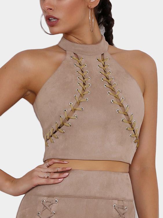 Halter Lace-Up Sleeveless Pink Camis