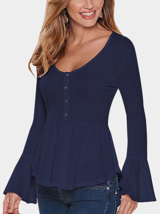 V-Neck Pleated Long Sleeve Curved Hem Blouses