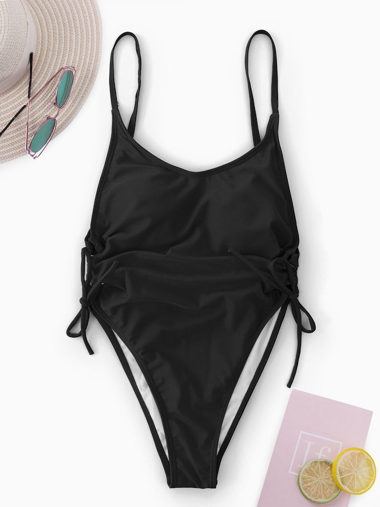 Black V-Neck Sleeveless Plain Lace-Up One-Pieces Swimsuits