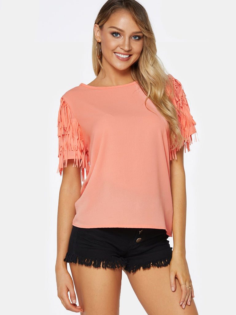 Round Neck Plain Tassel Short Sleeve Orange Top