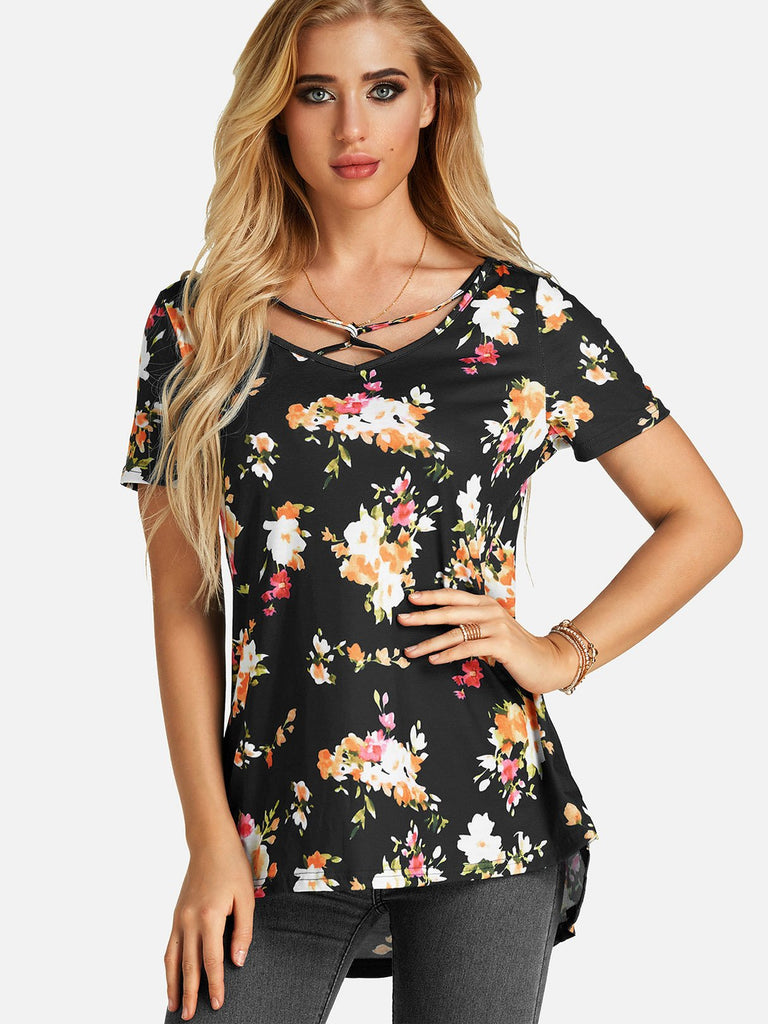 Round Neck Floral Print Short Sleeve Irregular Hem Black T-Shirts