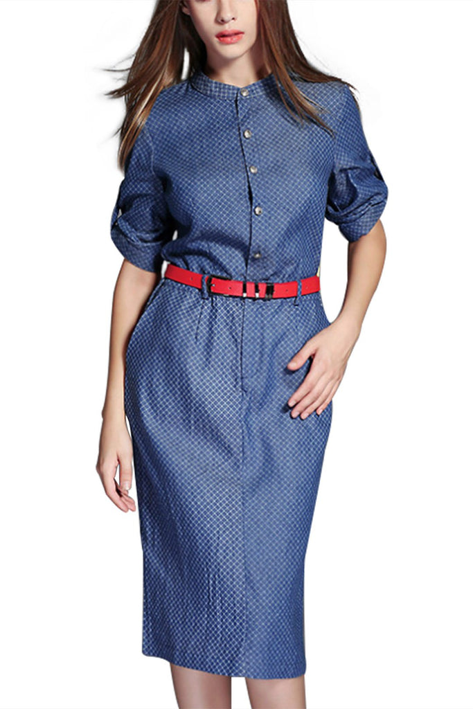 Blue General Collar 3/4 Sleeve Length Side Pockets Curved Hem Shirt Dresses
