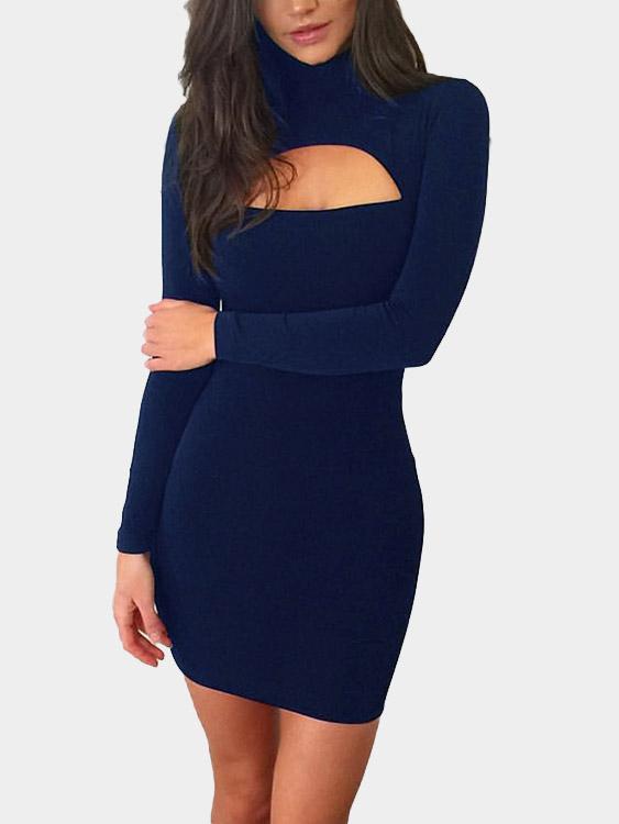 Royal High Neck Long Sleeve Plain Cut Out Mini Dress