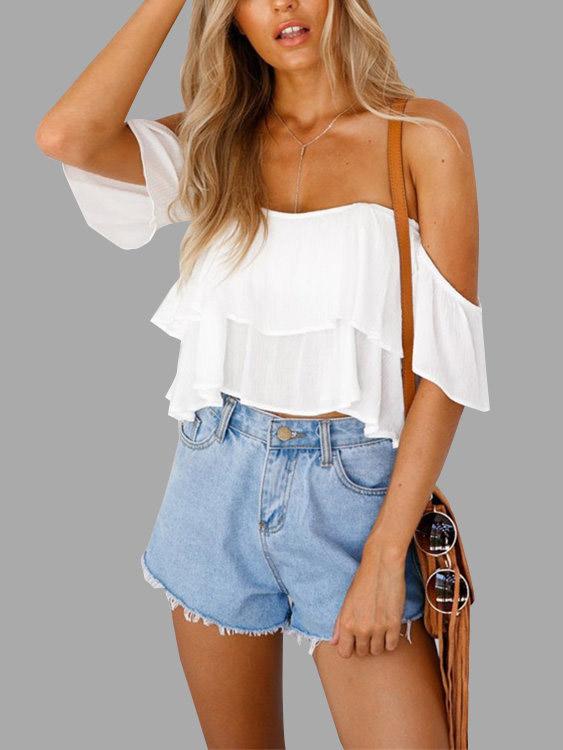 Off The Shoulder Tiered Backless Sleeveless White Crop Top