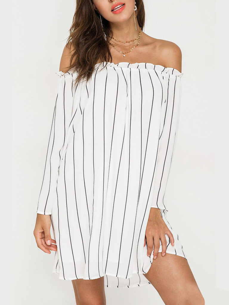 White Off The Shoulder Long Sleeve Stripe Slit Mini Dress