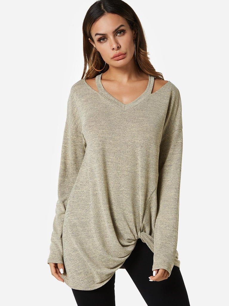 V-Neck Cut Out Long Sleeve Irregular Hem Apricot T-Shirts