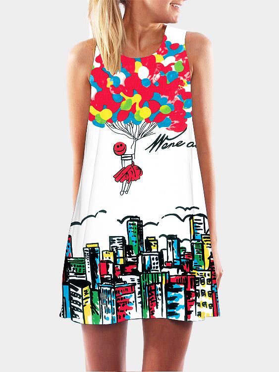 Floral Print Round Neck Sleeveless Dresses