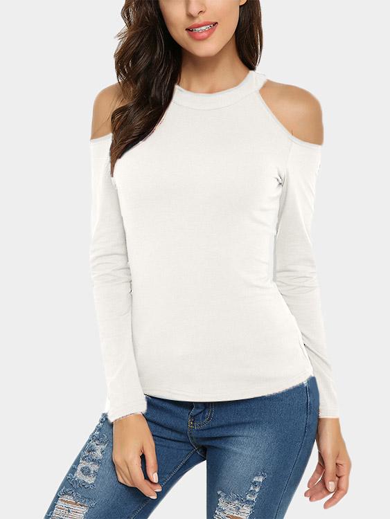 Cold Shoulder Cut Out Long Sleeve White T-Shirts