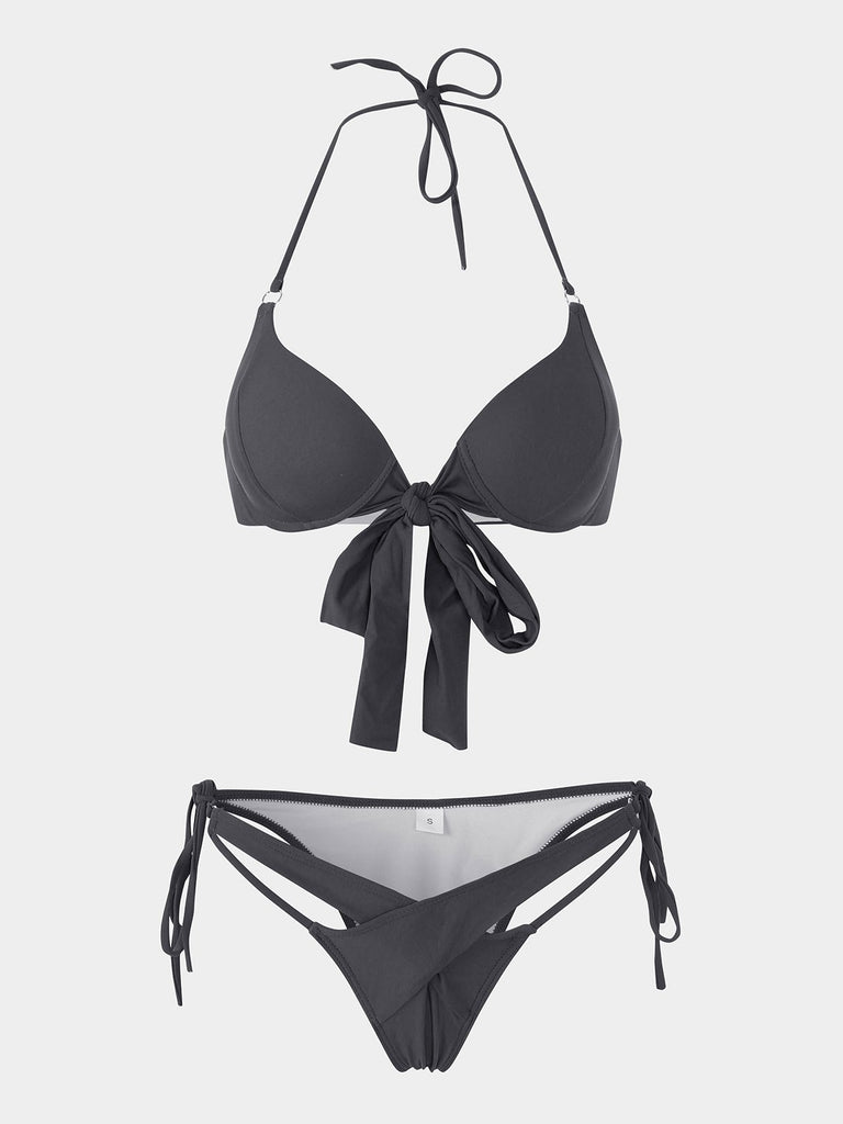 Black Halter Sleeveless Plain Crossed Front Tie-Up Bikini Set Swimwear