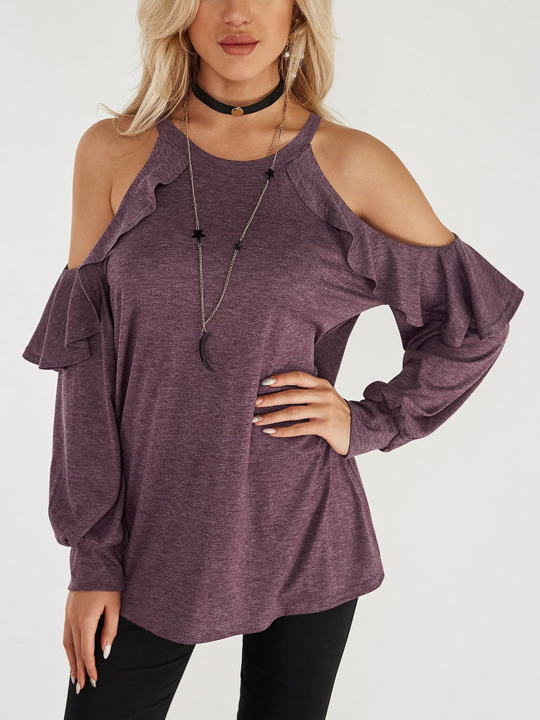 Round Neck Cold Shoulder Plain Hollow Cut Out Long Sleeve Flounced Hem Red T-Shirts