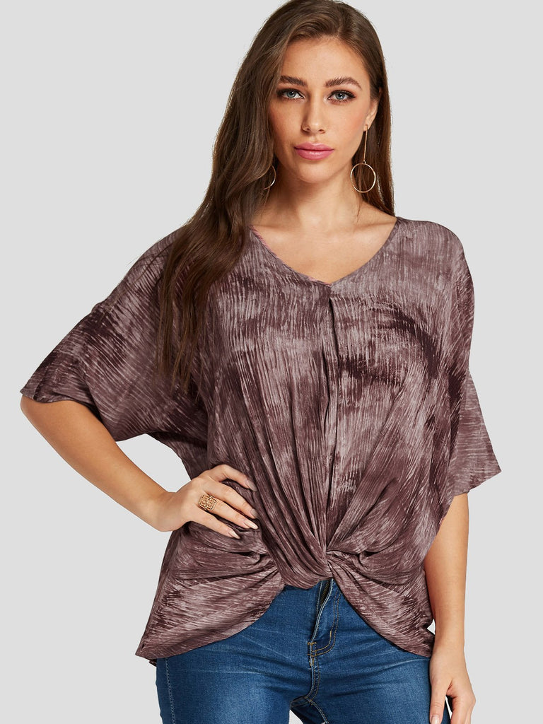 V-Neck Printed Twist Half Sleeve Irregular Hem Rust T-Shirts