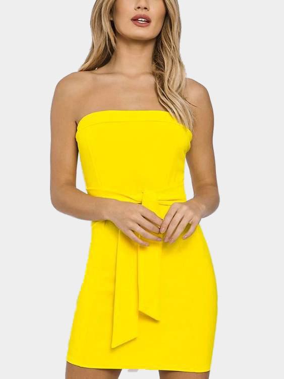 Yellow Strapless Off The Shoulder Sleeveless Plain Backless Lace-Up Mini Dress