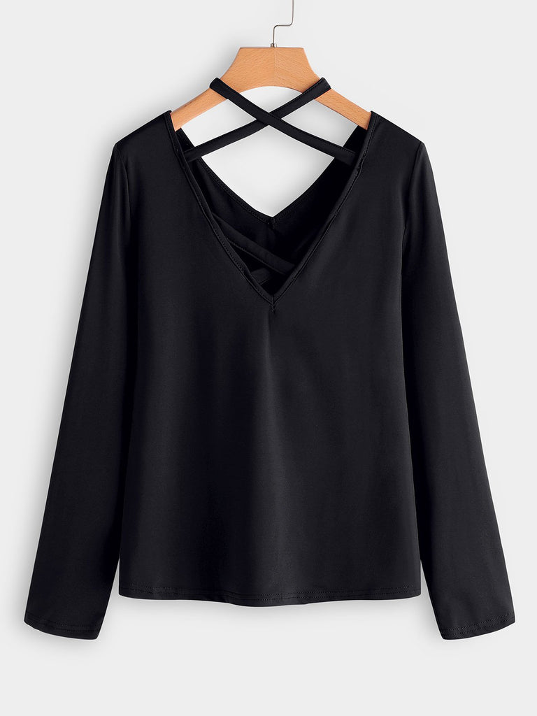 Deep V Neck Plain 3/4 Sleeve Black T-Shirts