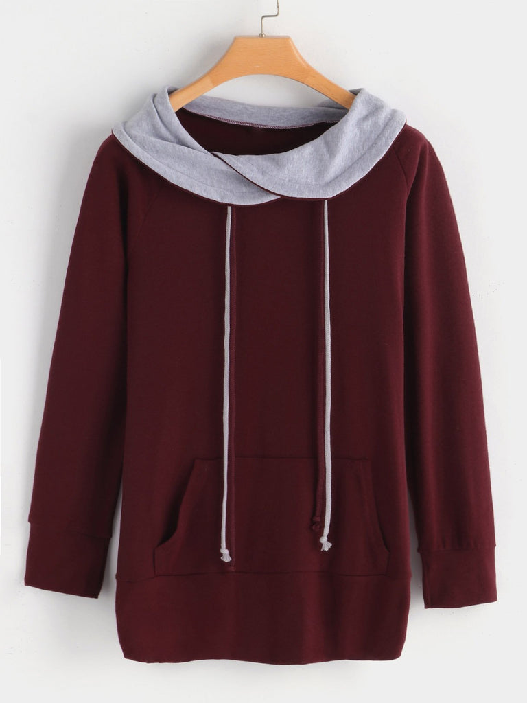 Drape Sagging Plain Side Pockets Long Sleeve Burgundy T-Shirts