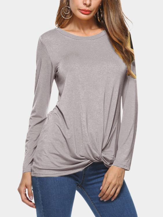 Round Neck Plain Crossed Front Long Sleeve Irregular Hem T-Shirts